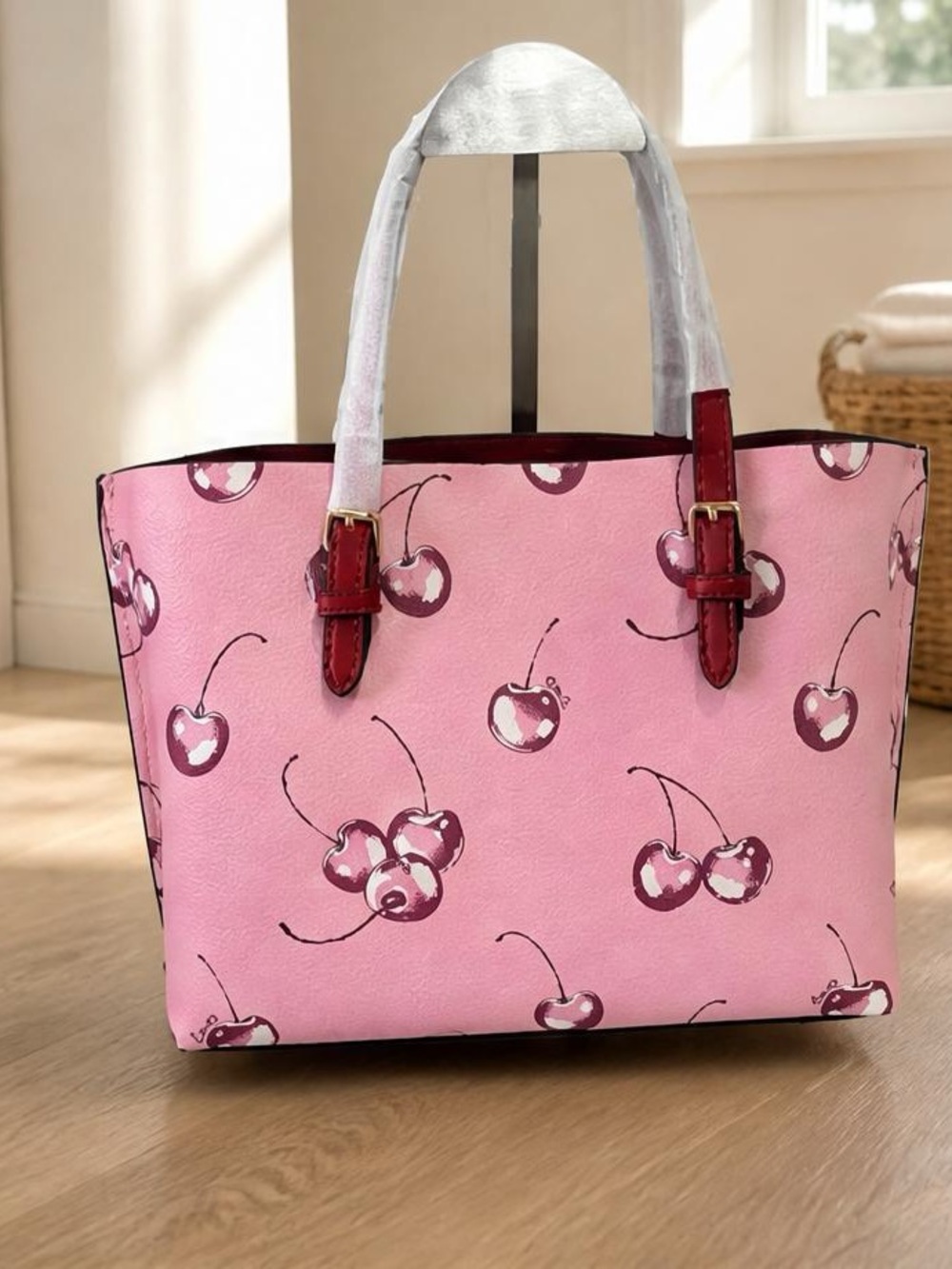 Coach Pink Cherry-Print Tote with Red Trim - Picture 3 of 6